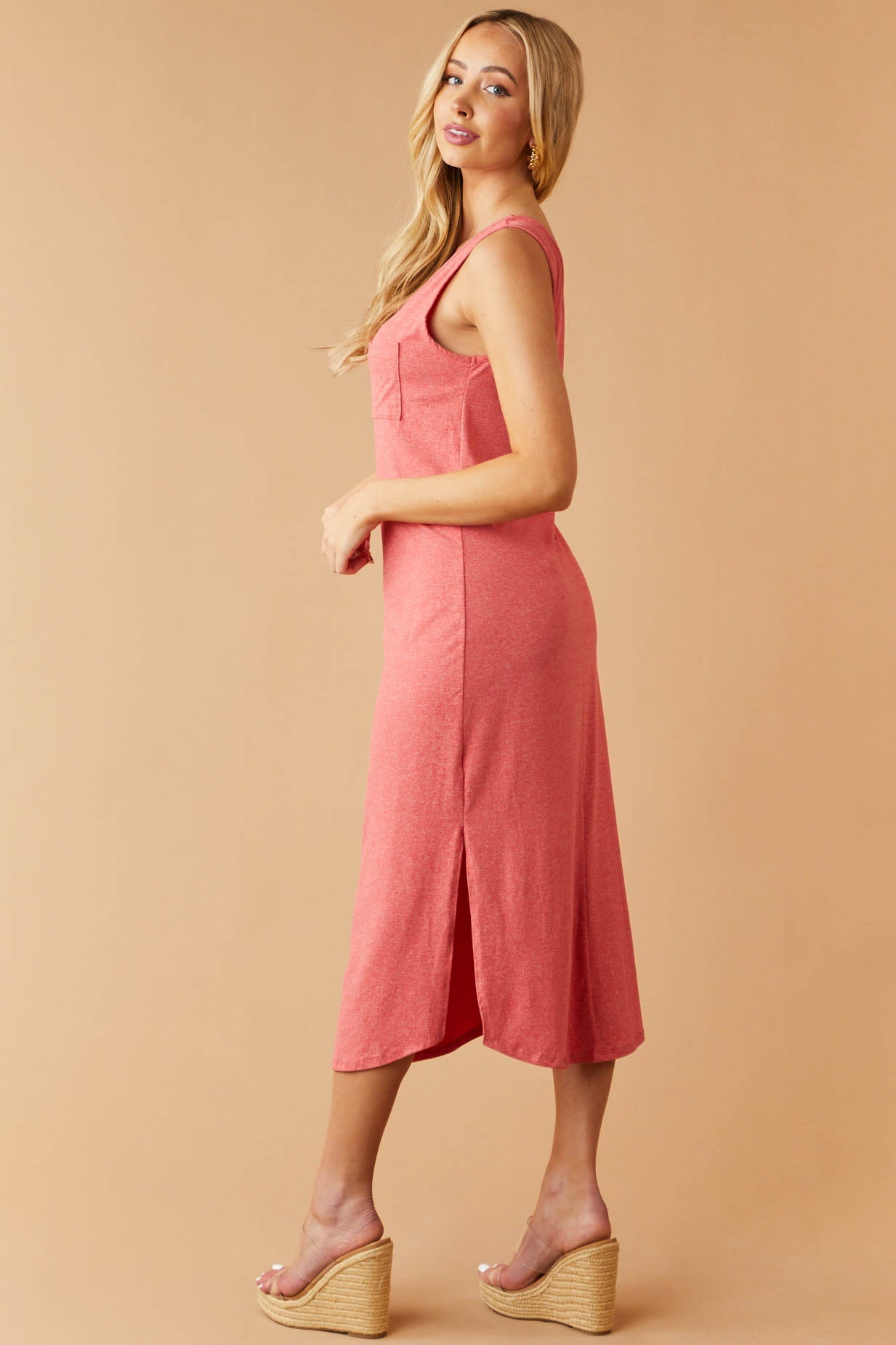 Crimson Melange Soft Knit Chest Pocket Dress