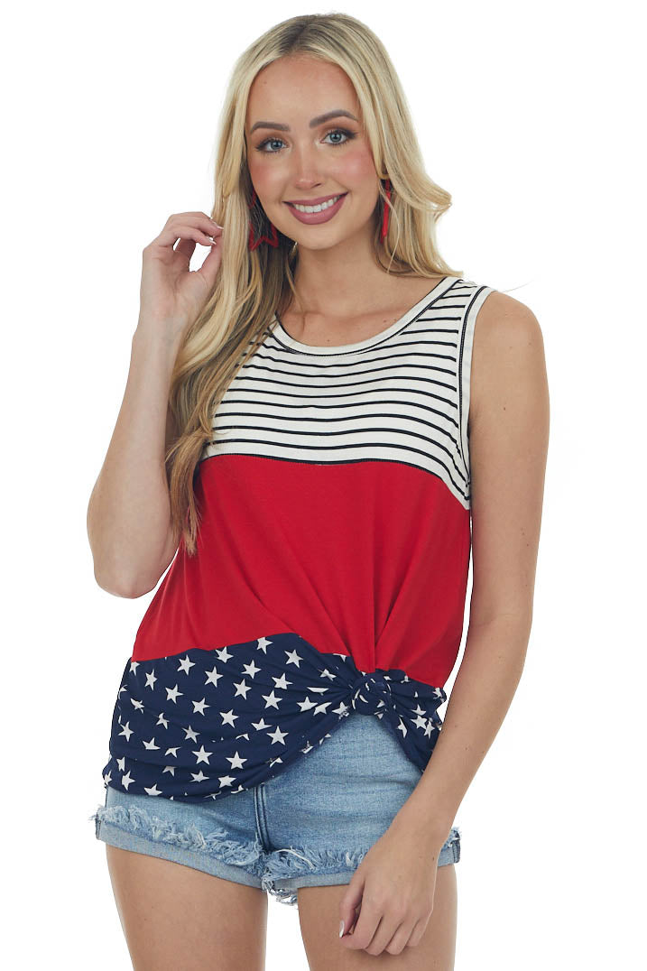 Crimson Red Colorblock Sleeveless Top with Stars and Stripes