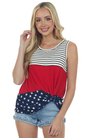 Crimson Red Colorblock Sleeveless Top with Stars and Stripes