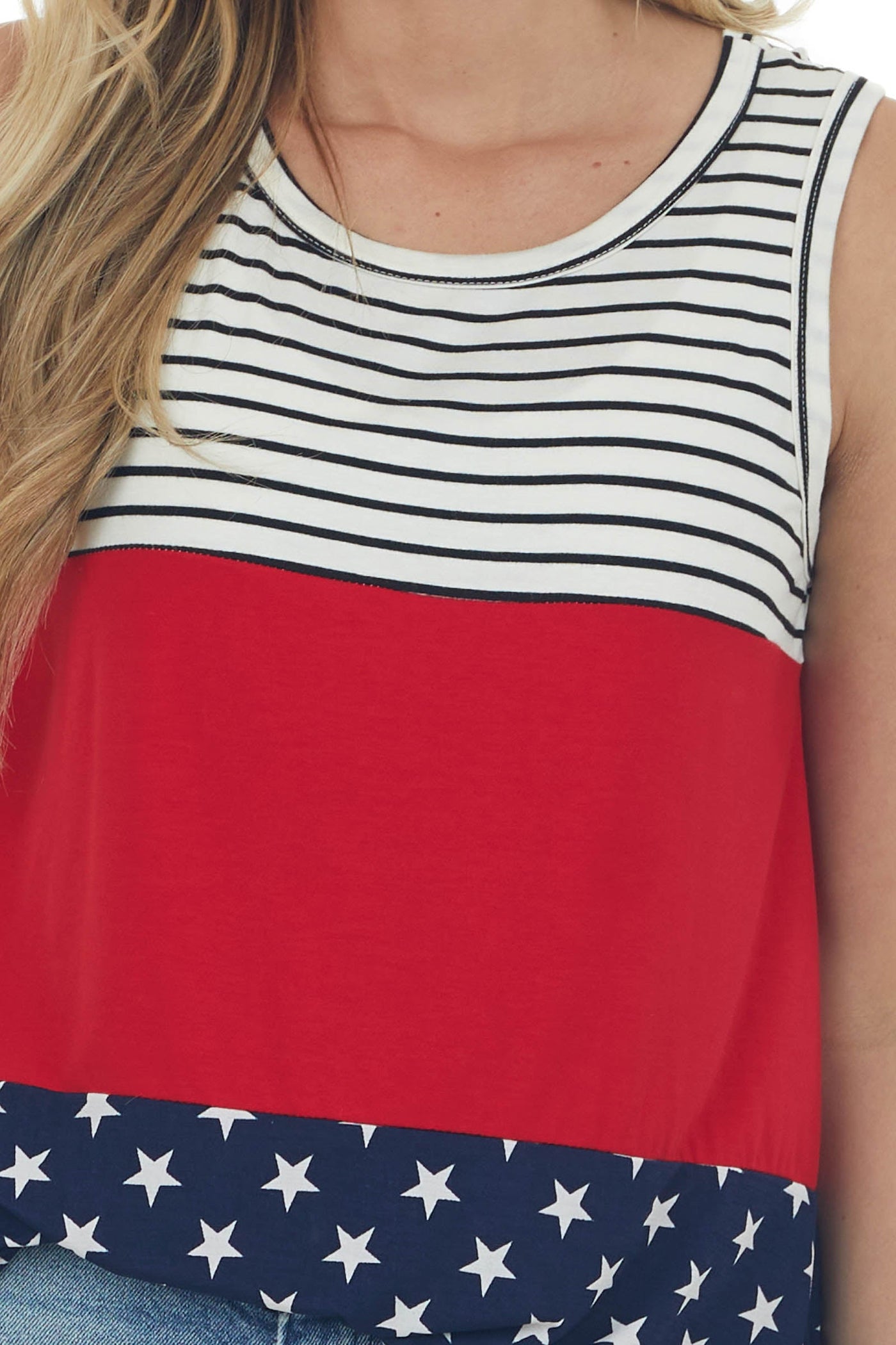 Crimson Red Colorblock Sleeveless Top with Stars and Stripes