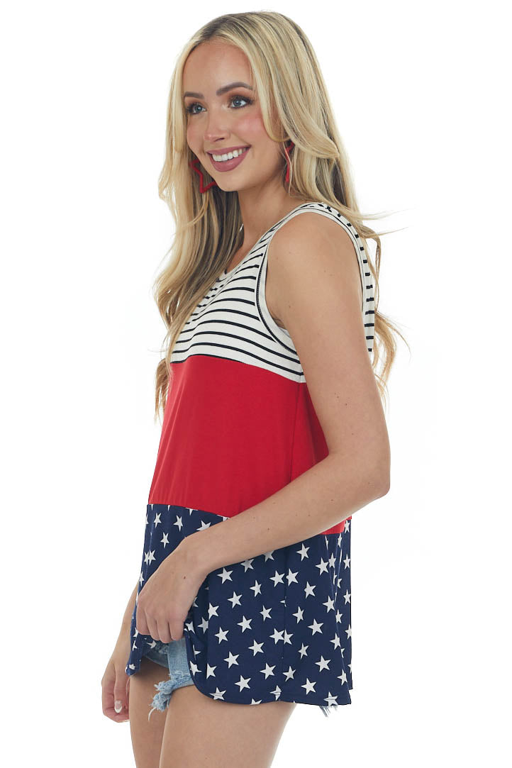 Crimson Red Colorblock Sleeveless Top with Stars and Stripes