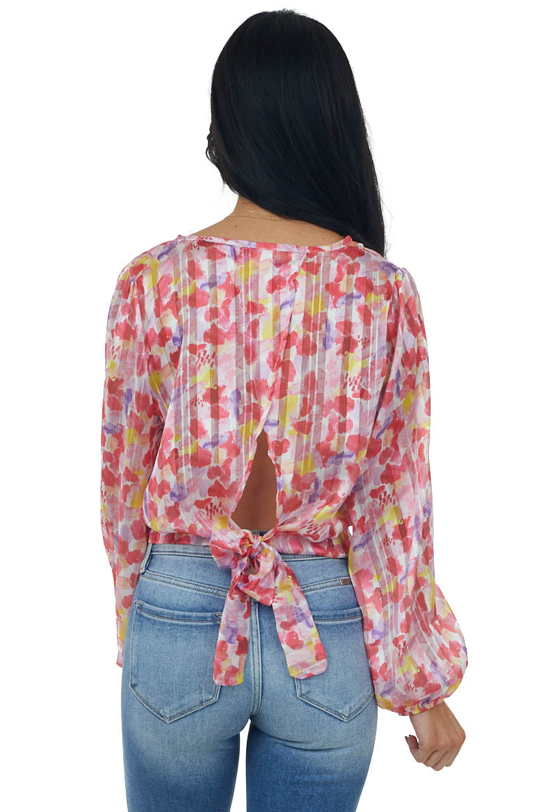 Crimson Red Printed Open Back Sheer Top with Gold Thread