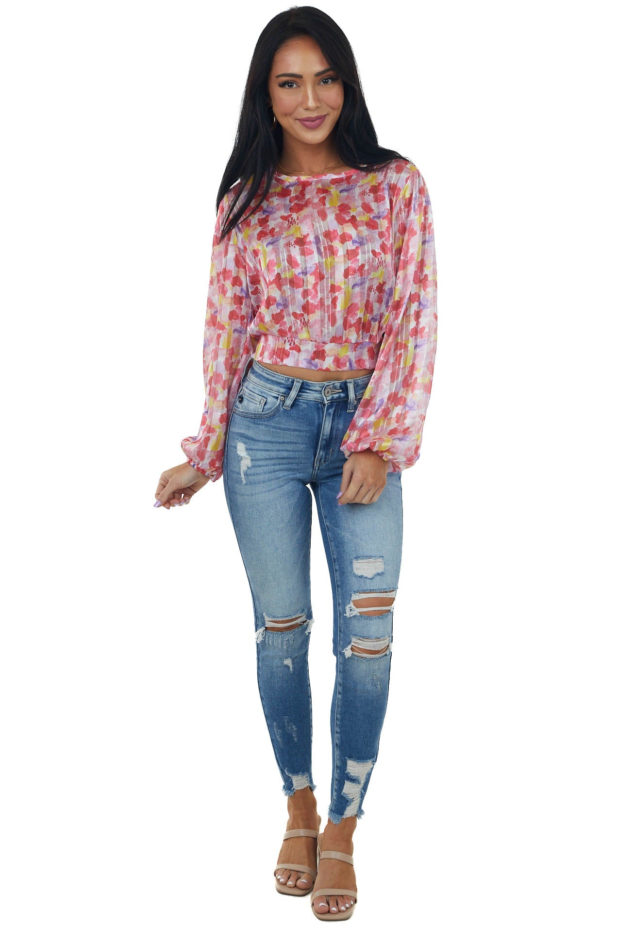 Crimson Red Printed Open Back Sheer Top with Gold Thread