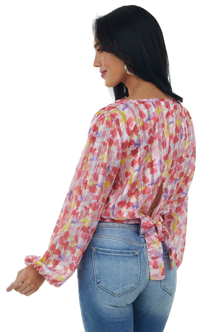 Crimson Red Printed Open Back Sheer Top with Gold Thread