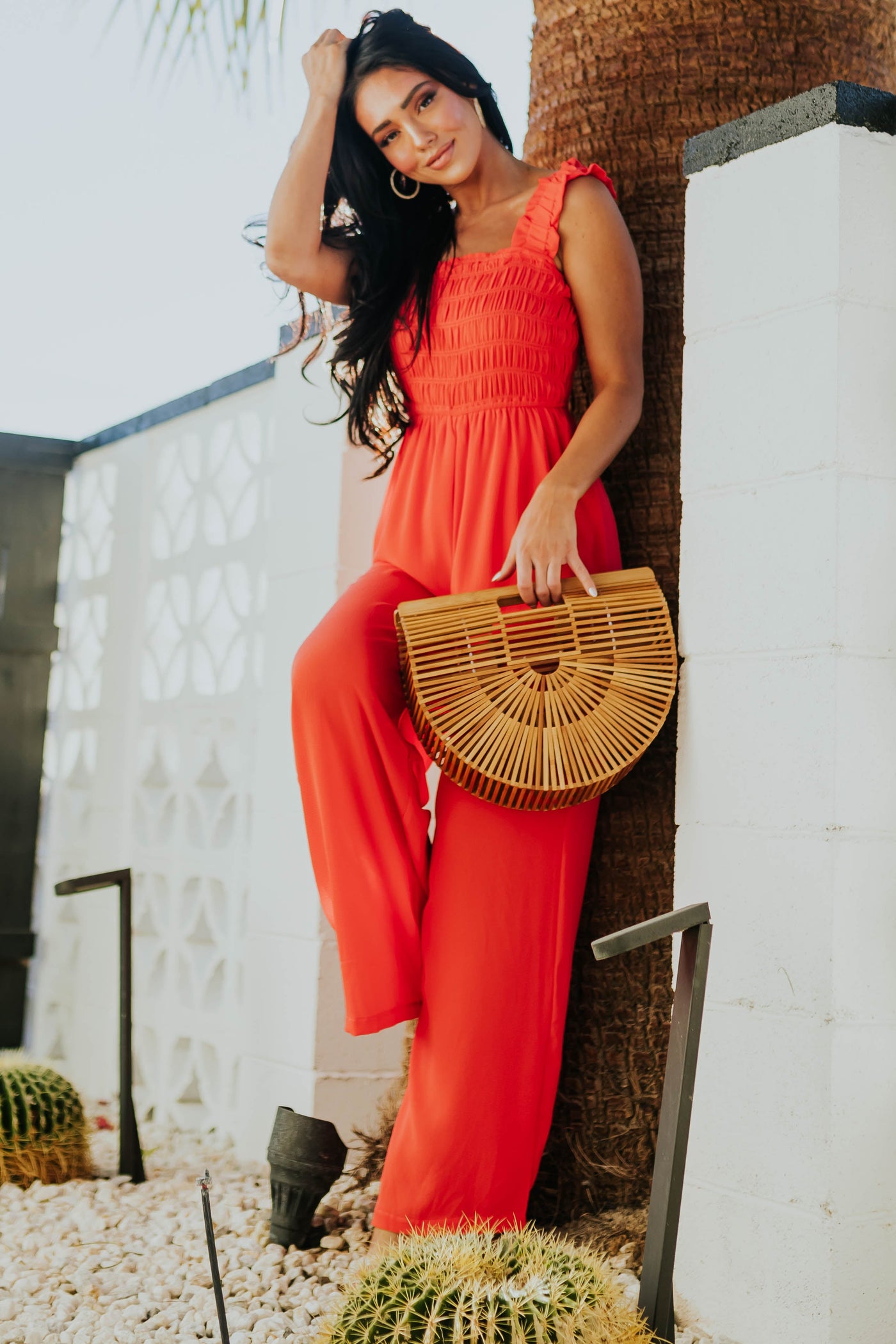 Crimson Smocked Jumpsuit with Ruffle Strap