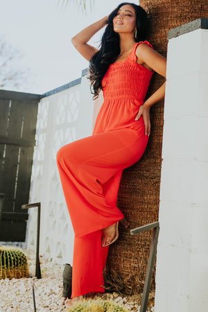 Crimson Smocked Jumpsuit with Ruffle Strap