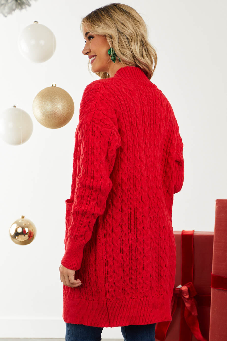 Crimson Thick Cable Knit Pocket Cardigan