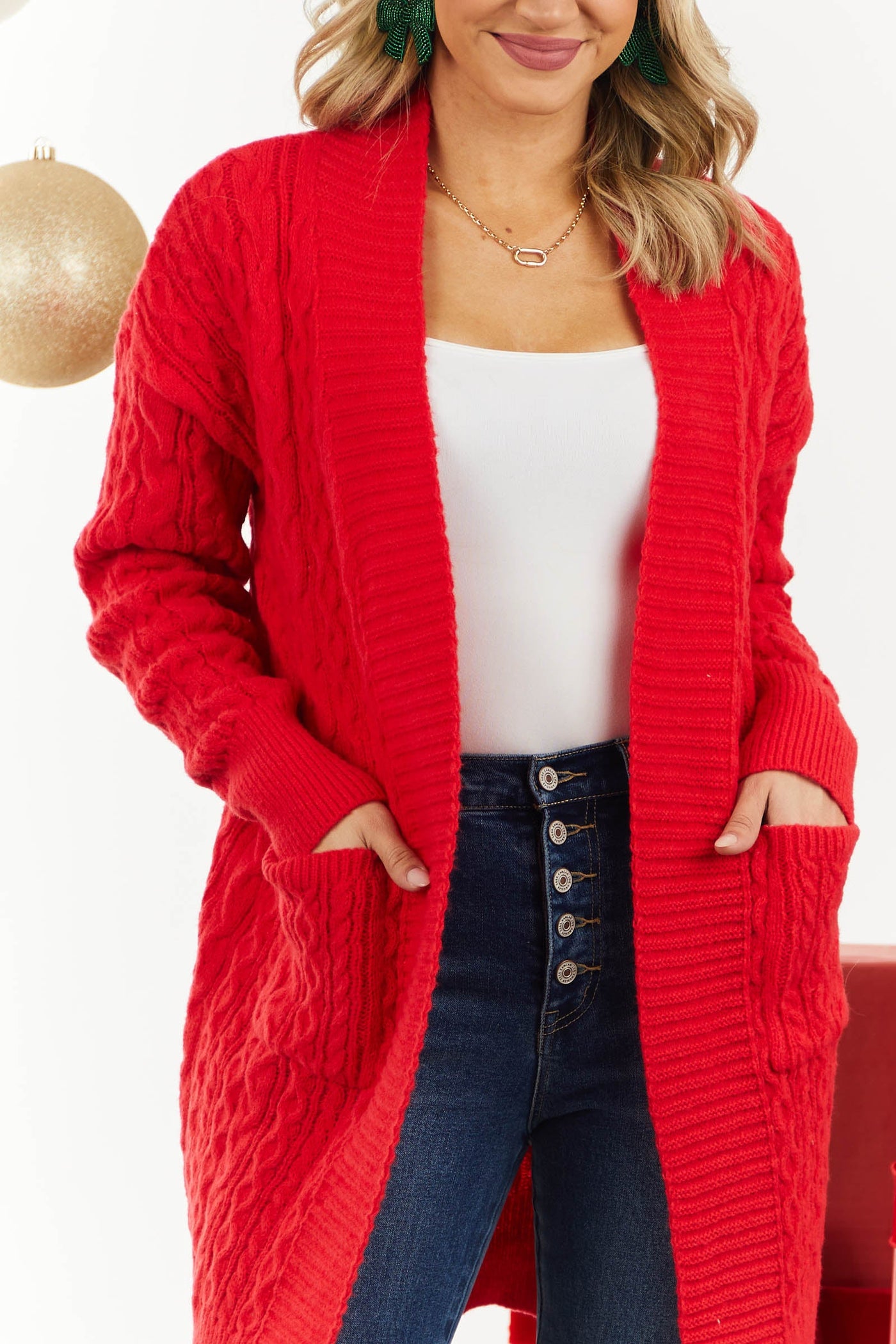 Crimson Thick Cable Knit Pocket Cardigan