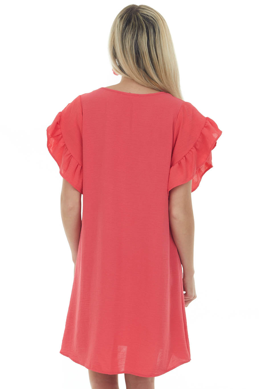 Crimson V Neck Short Ruffle Sleeve Woven Dress