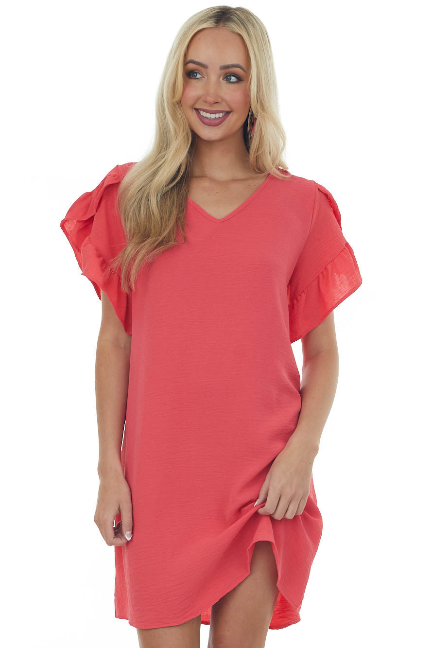Crimson V Neck Short Ruffle Sleeve Woven Dress