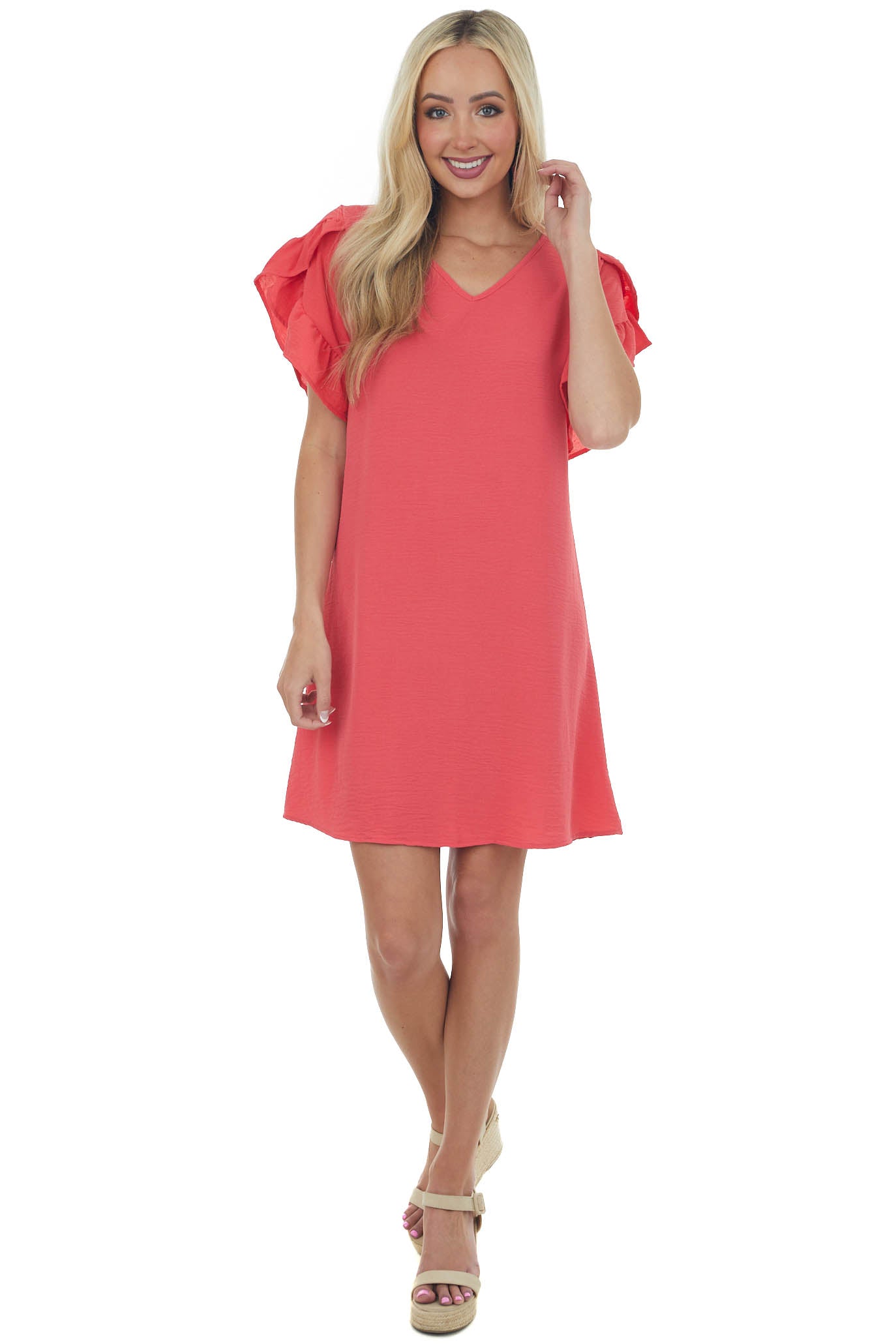 Crimson V Neck Short Ruffle Sleeve Woven Dress