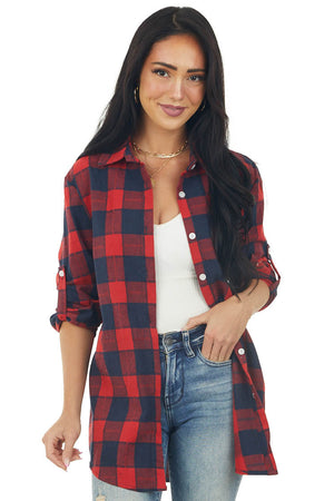 Crimson and Navy Plaid Longline Botton Flannel
