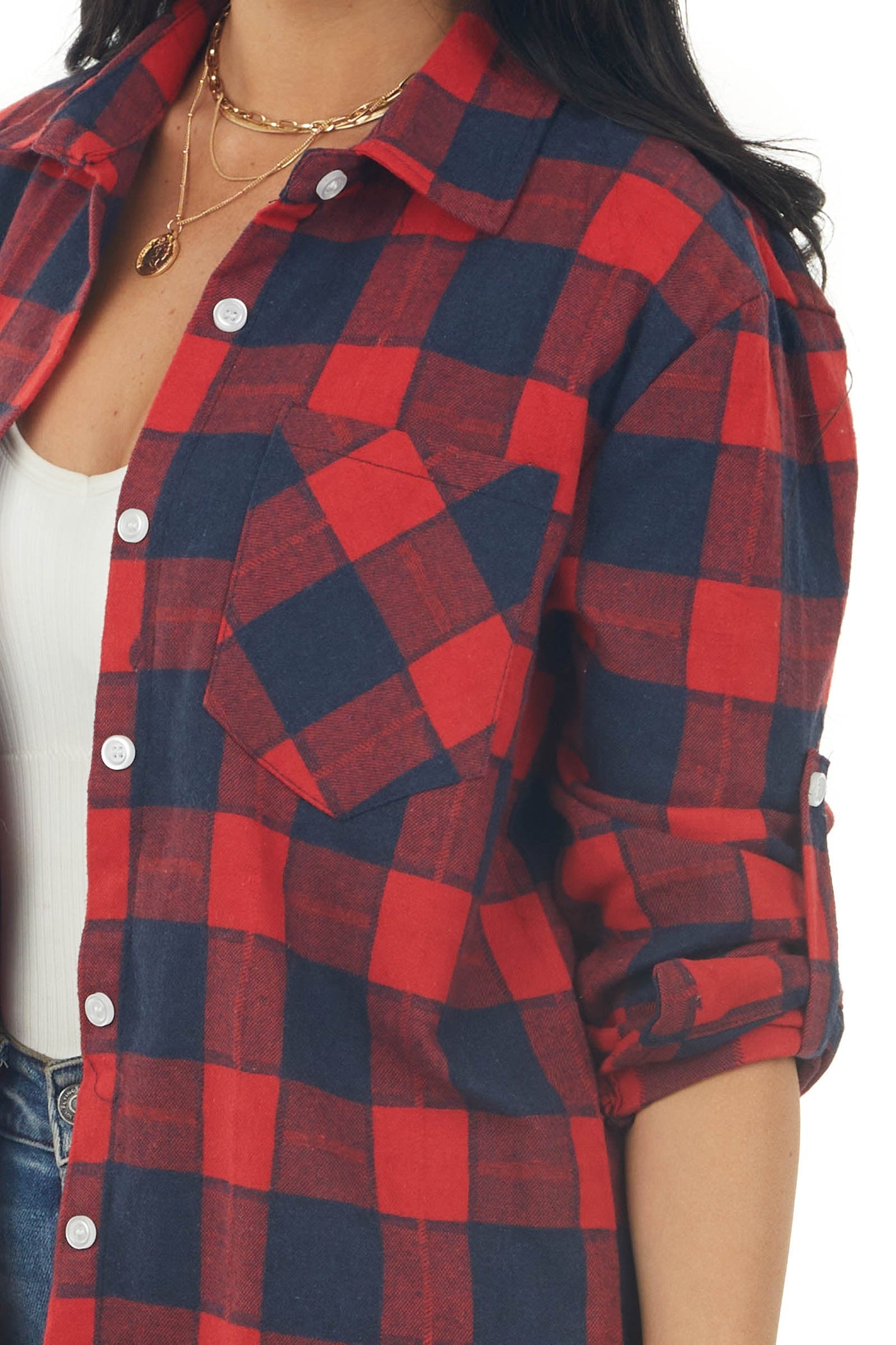 Crimson and Navy Plaid Longline Botton Flannel