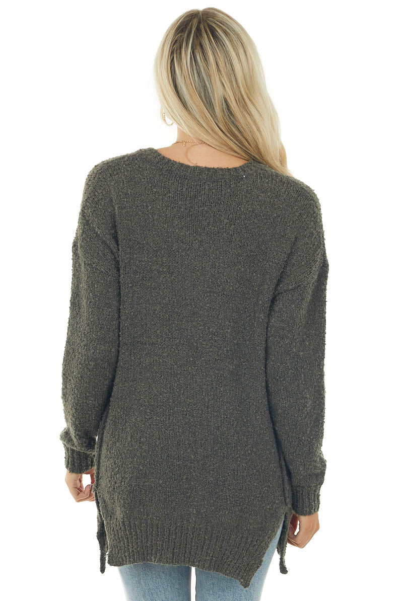 Dark Ash V Neck Soft Popcorn Knit Sweater