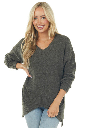 Dark Ash V Neck Soft Popcorn Knit Sweater
