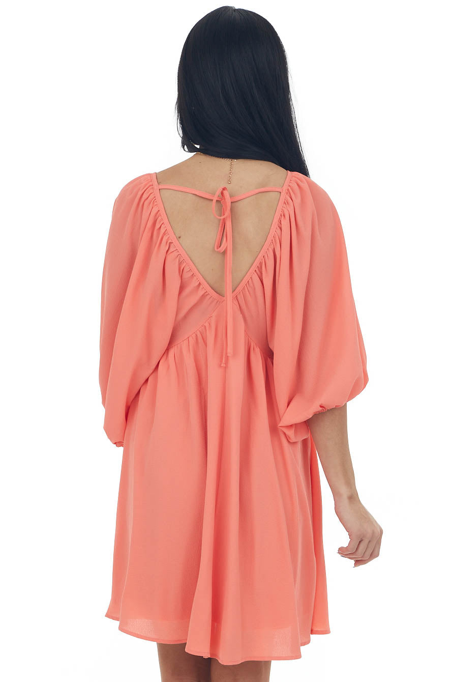 Dark Coral Babydoll Balloon Sleeve Woven Dress