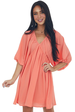Dark Coral Babydoll Balloon Sleeve Woven Dress