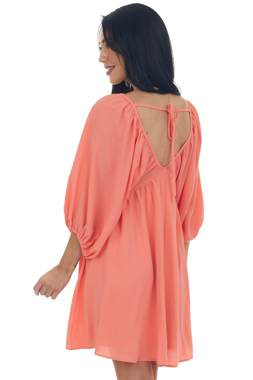 Dark Coral Babydoll Balloon Sleeve Woven Dress