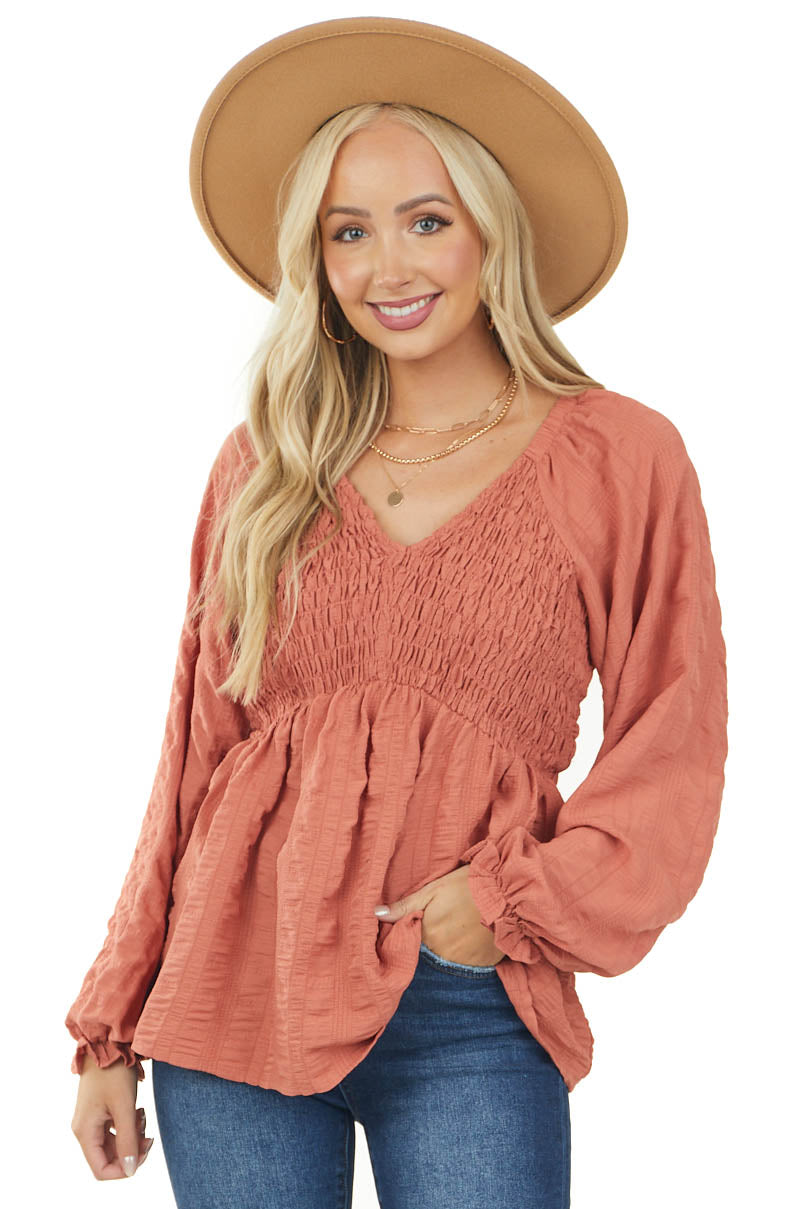 Dark Coral Smocked Bust Long Sleeve Babydoll Blouse
