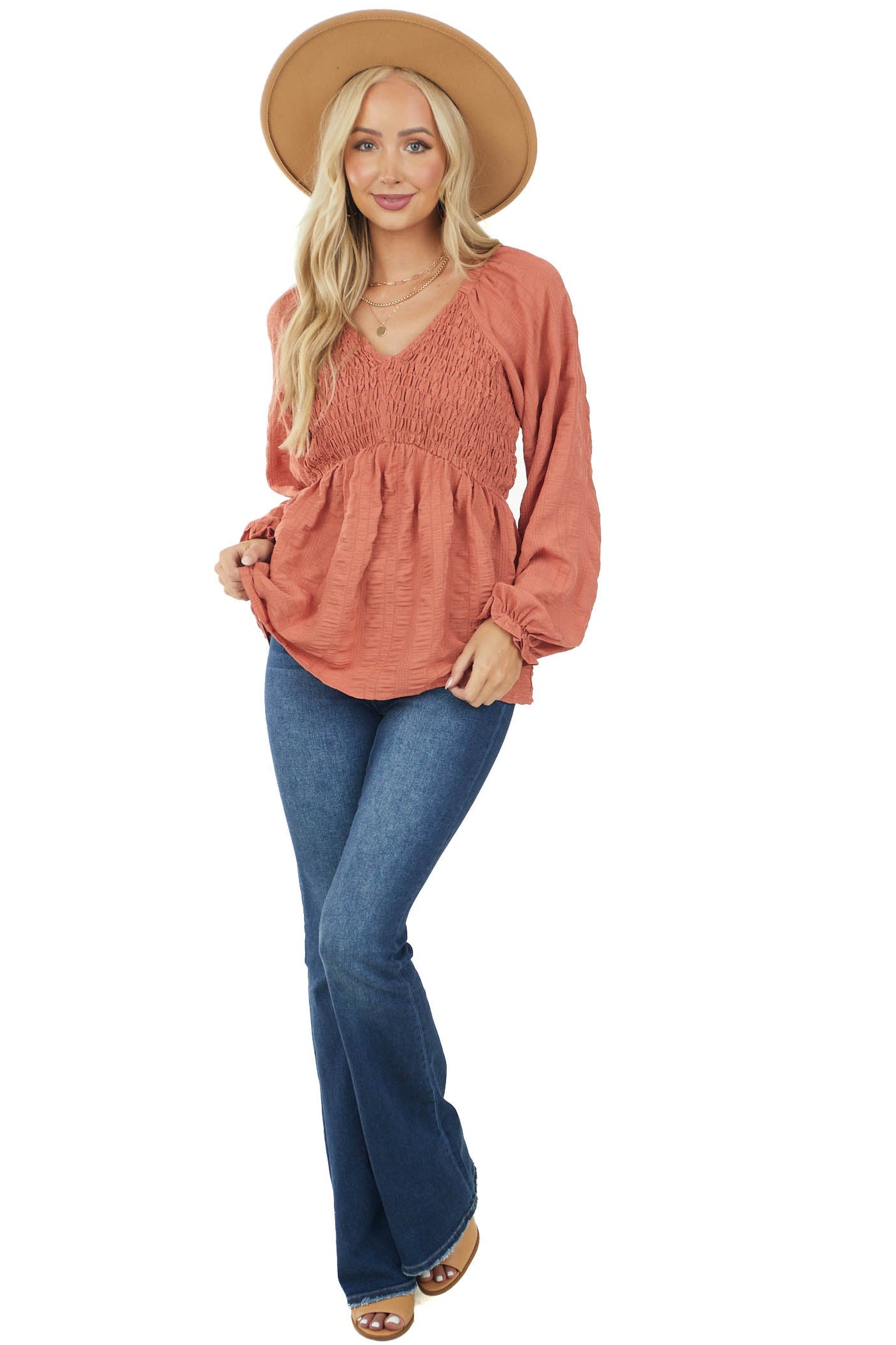 Dark Coral Smocked Bust Long Sleeve Babydoll Blouse
