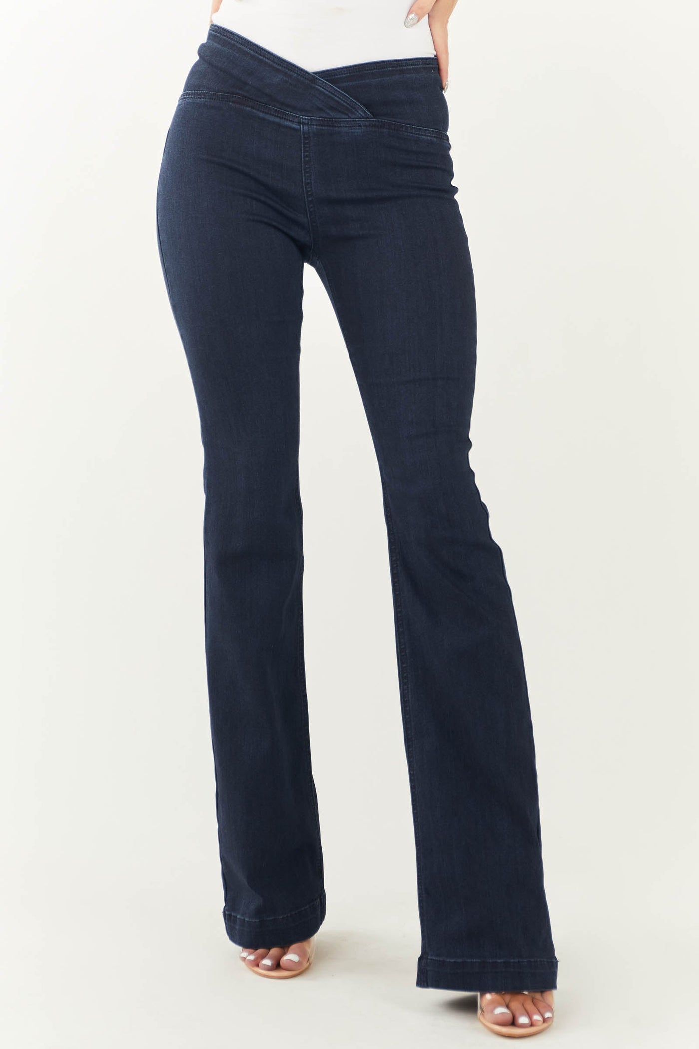 Dark Denim High Rise Overlap Waist Flare Jeggings
