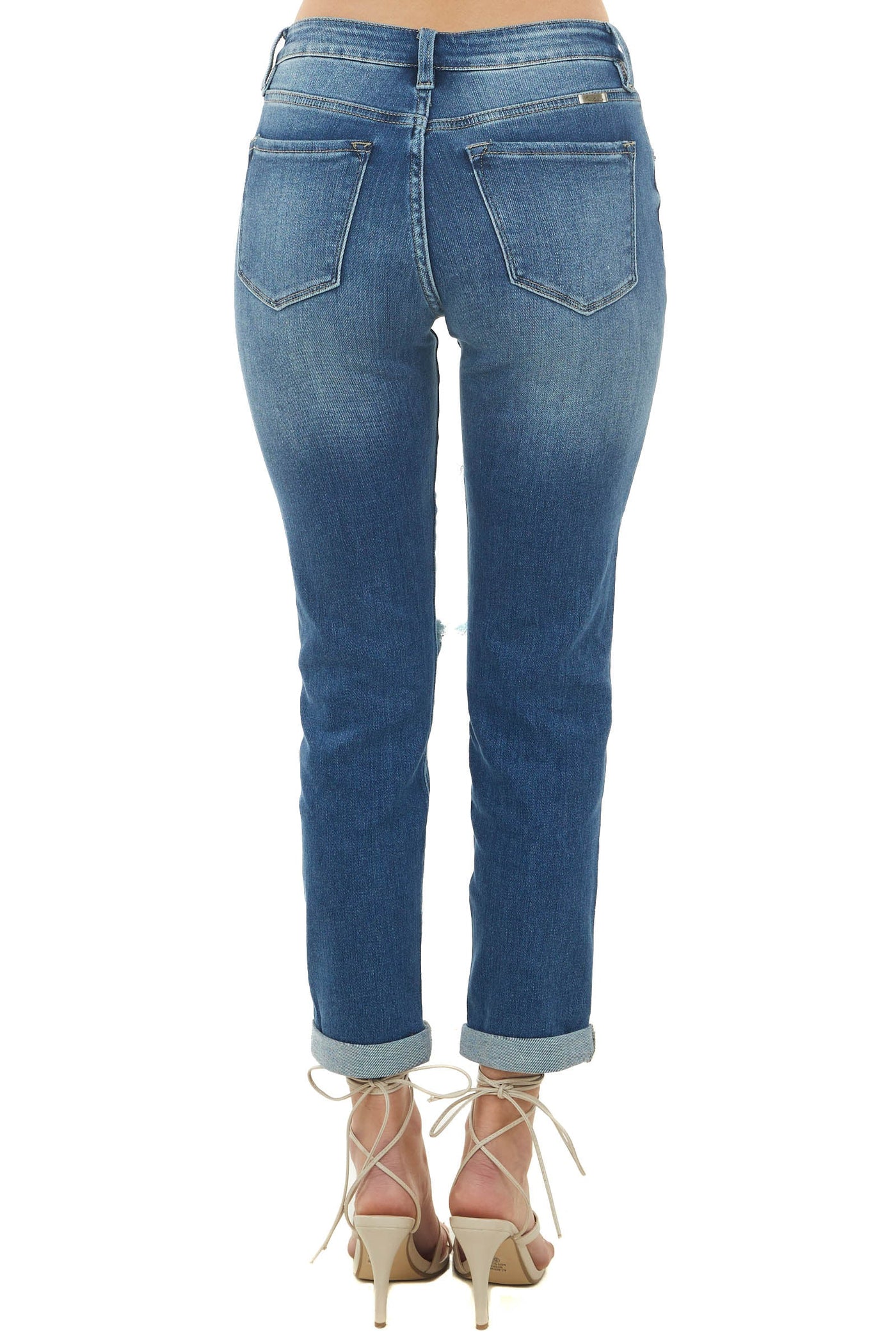 Dark High Rise Distressed Girlfriend Jeans