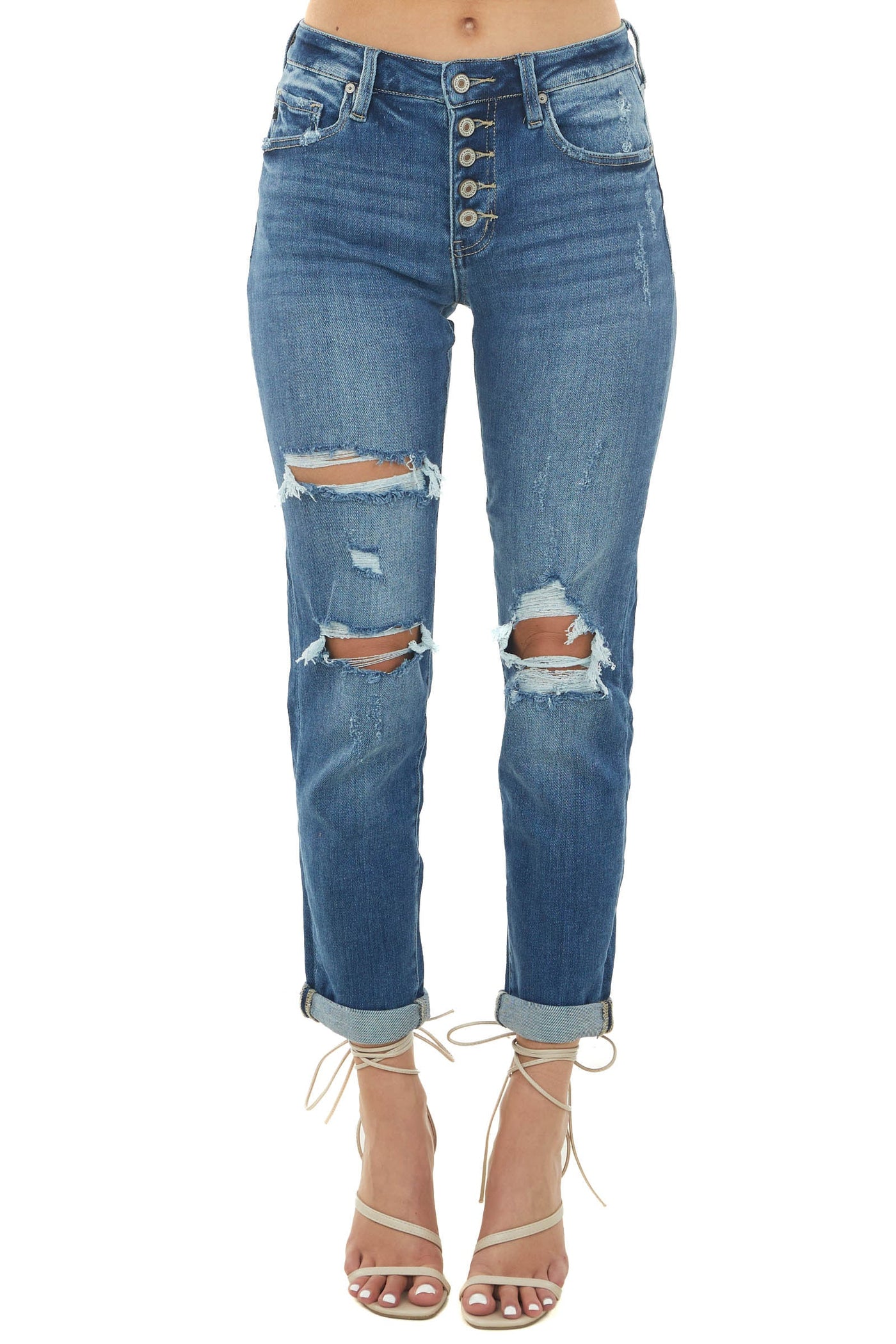 Dark High Rise Distressed Girlfriend Jeans