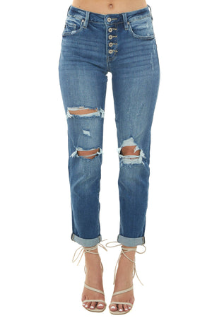 Dark High Rise Distressed Girlfriend Jeans