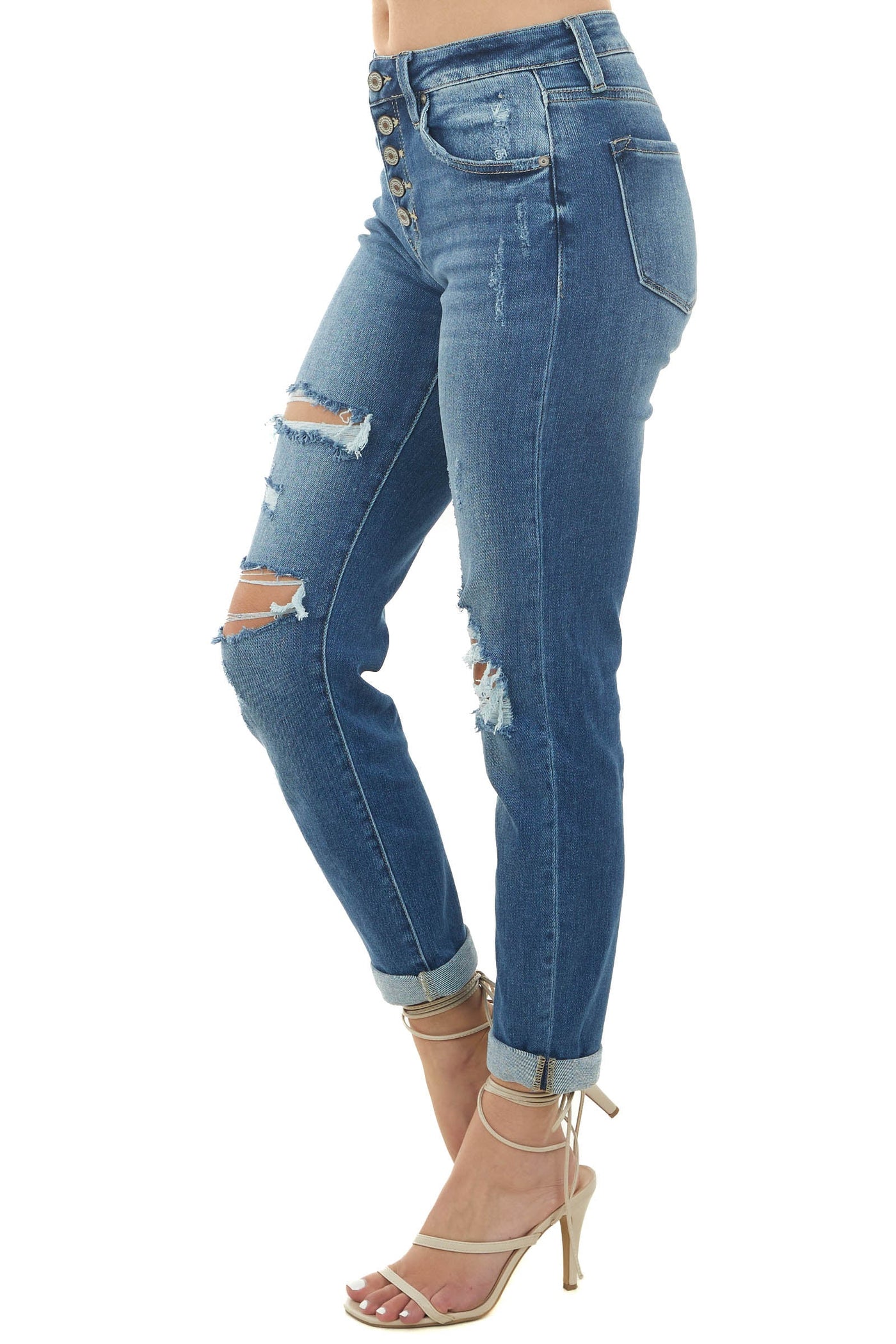 Dark High Rise Distressed Girlfriend Jeans