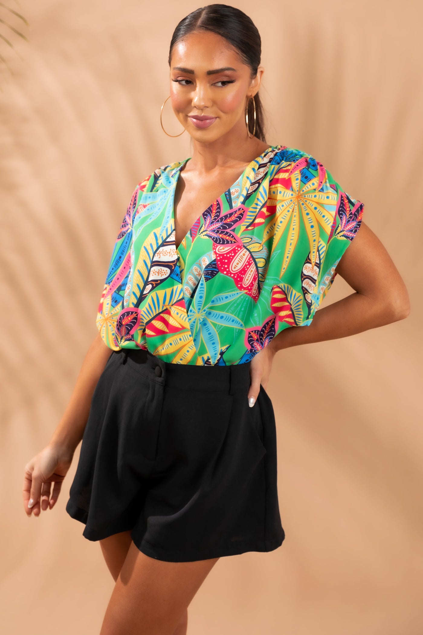 Dark Lime Tropical Print Surplice Bodysuit