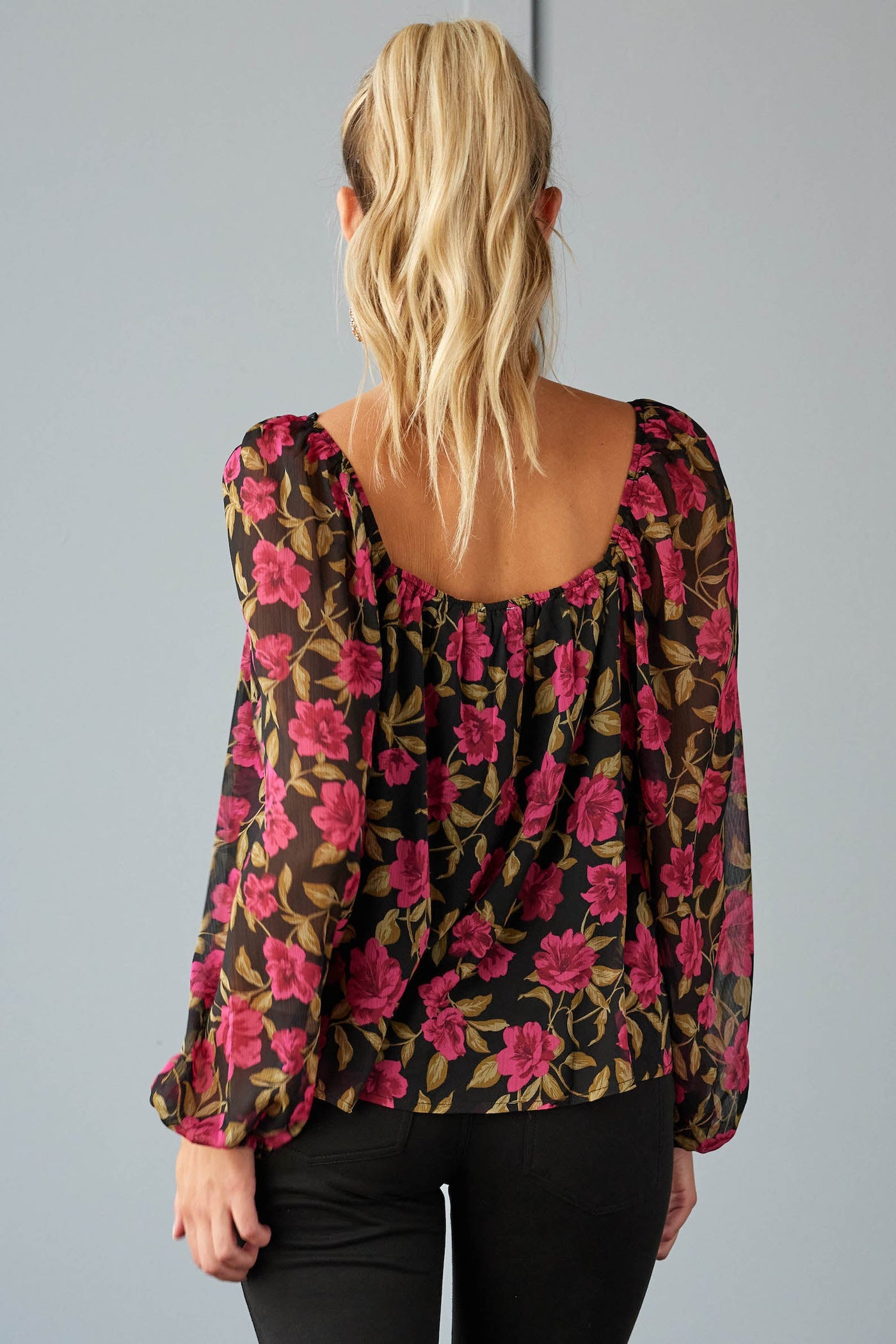 Dark Magenta Floral Sweetheart Neckline Blouse