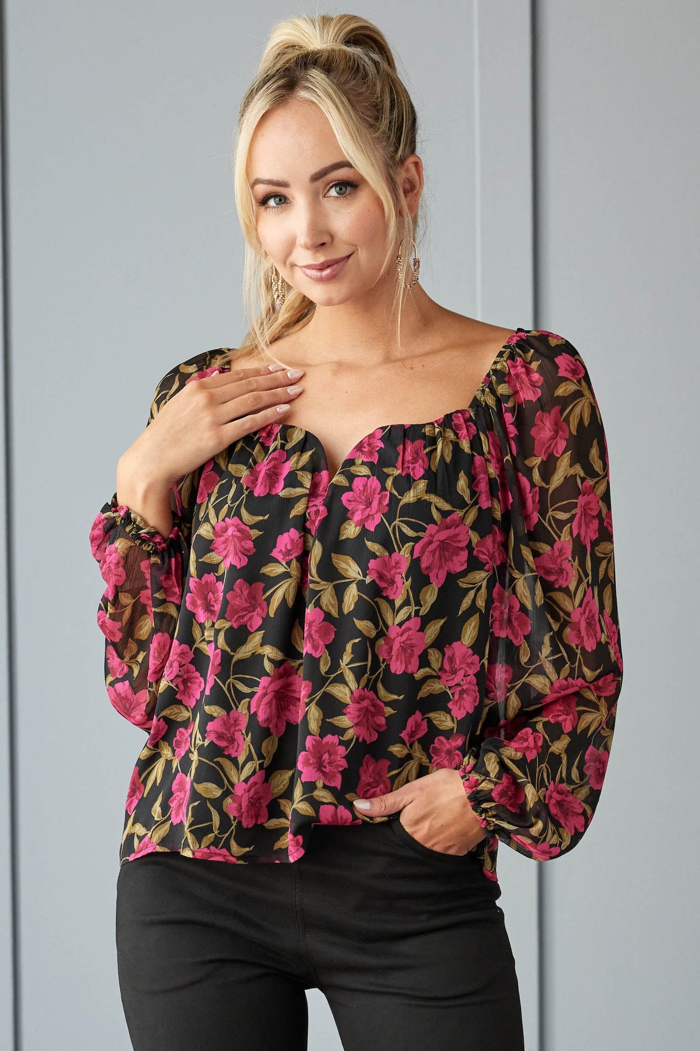 Dark Magenta Floral Sweetheart Neckline Blouse