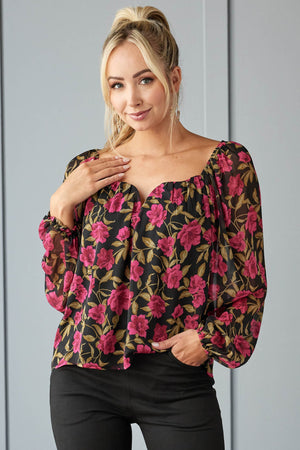 Dark Magenta Floral Sweetheart Neckline Blouse
