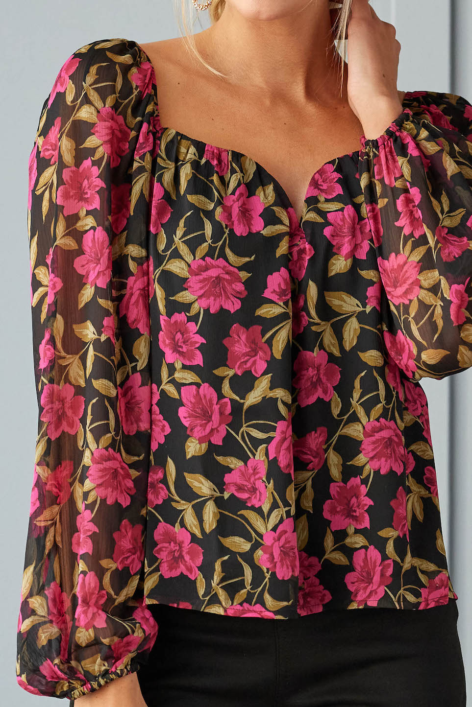Dark Magenta Floral Sweetheart Neckline Blouse