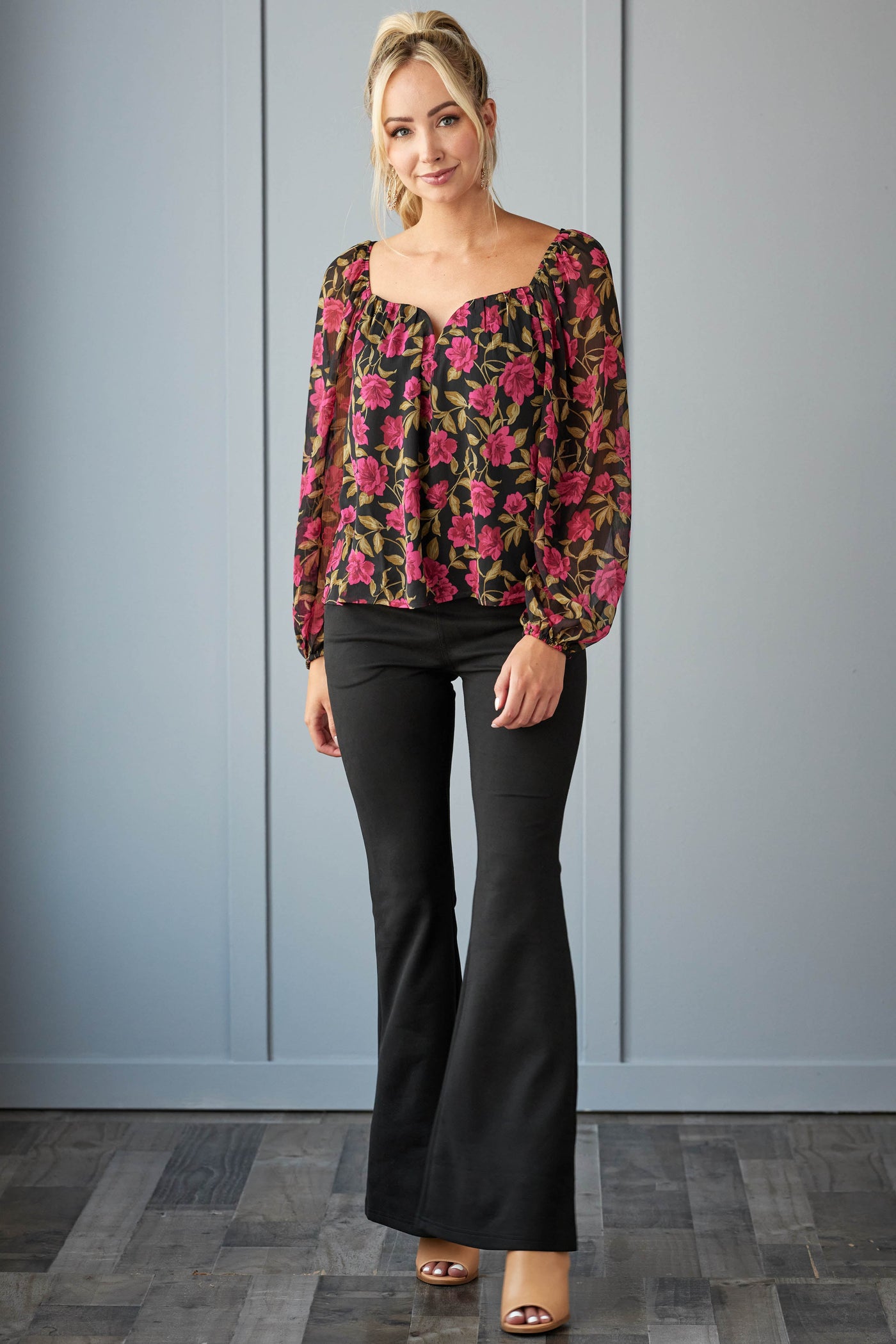 Dark Magenta Floral Sweetheart Neckline Blouse