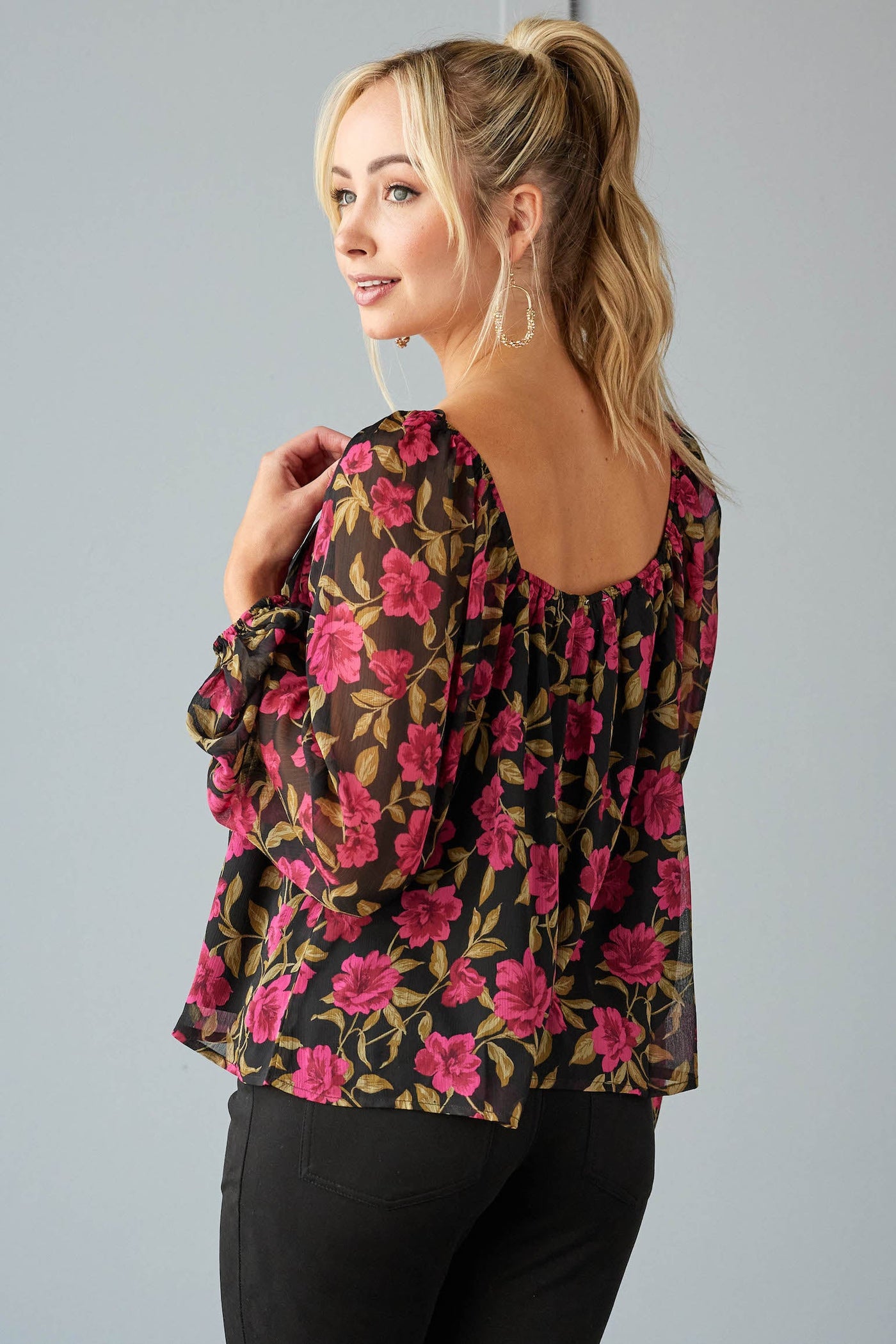 Dark Magenta Floral Sweetheart Neckline Blouse