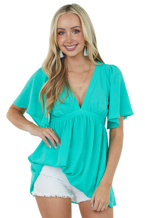 Dark Mint Flutter Sleeve Babydoll Tunic Blouse