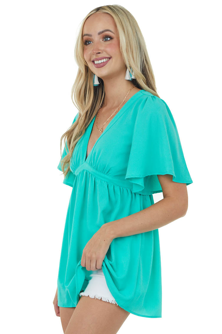 Dark Mint Flutter Sleeve Babydoll Tunic Blouse