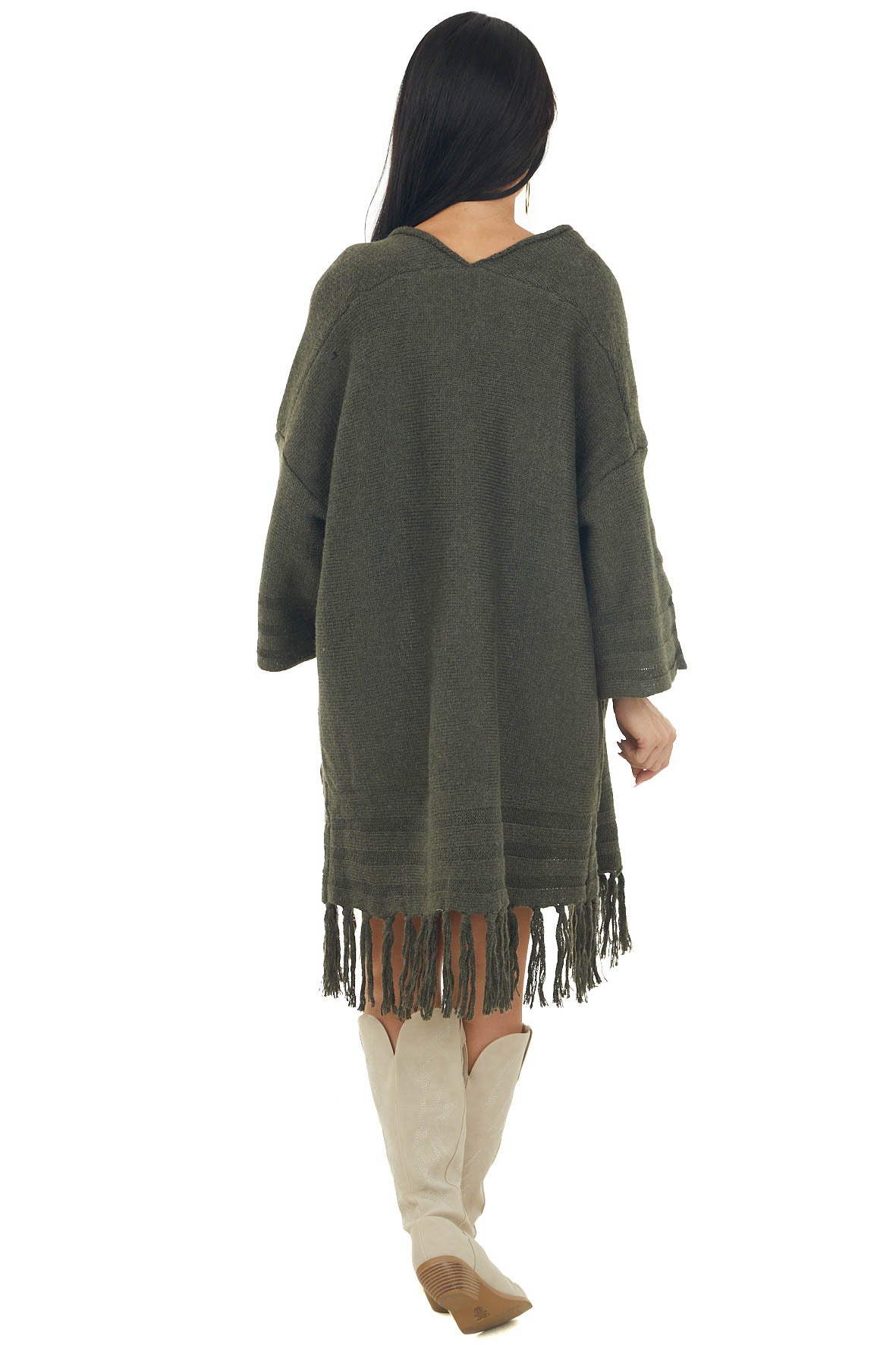Dark Olive Heavy Knit Fringe Hem Cardigan