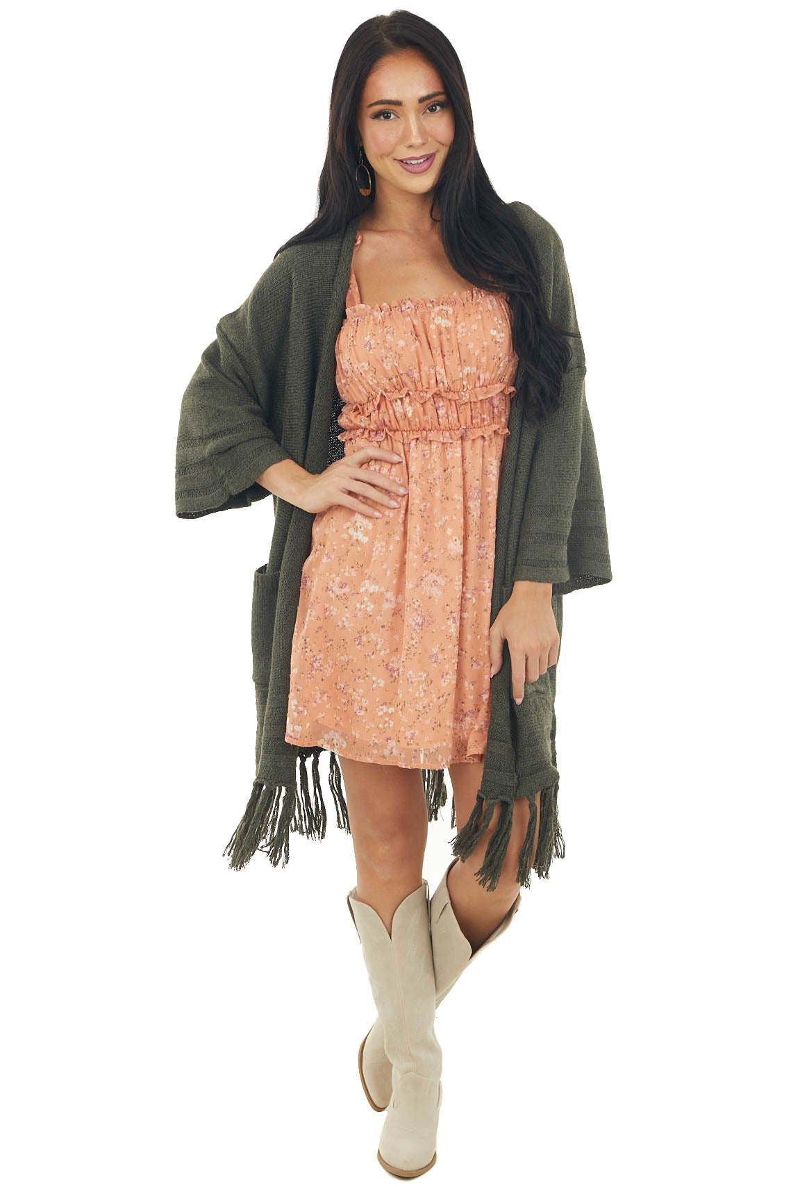 Dark Olive Heavy Knit Fringe Hem Cardigan