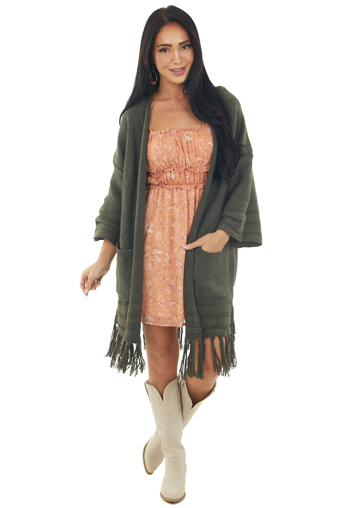 Dark Olive Heavy Knit Fringe Hem Cardigan