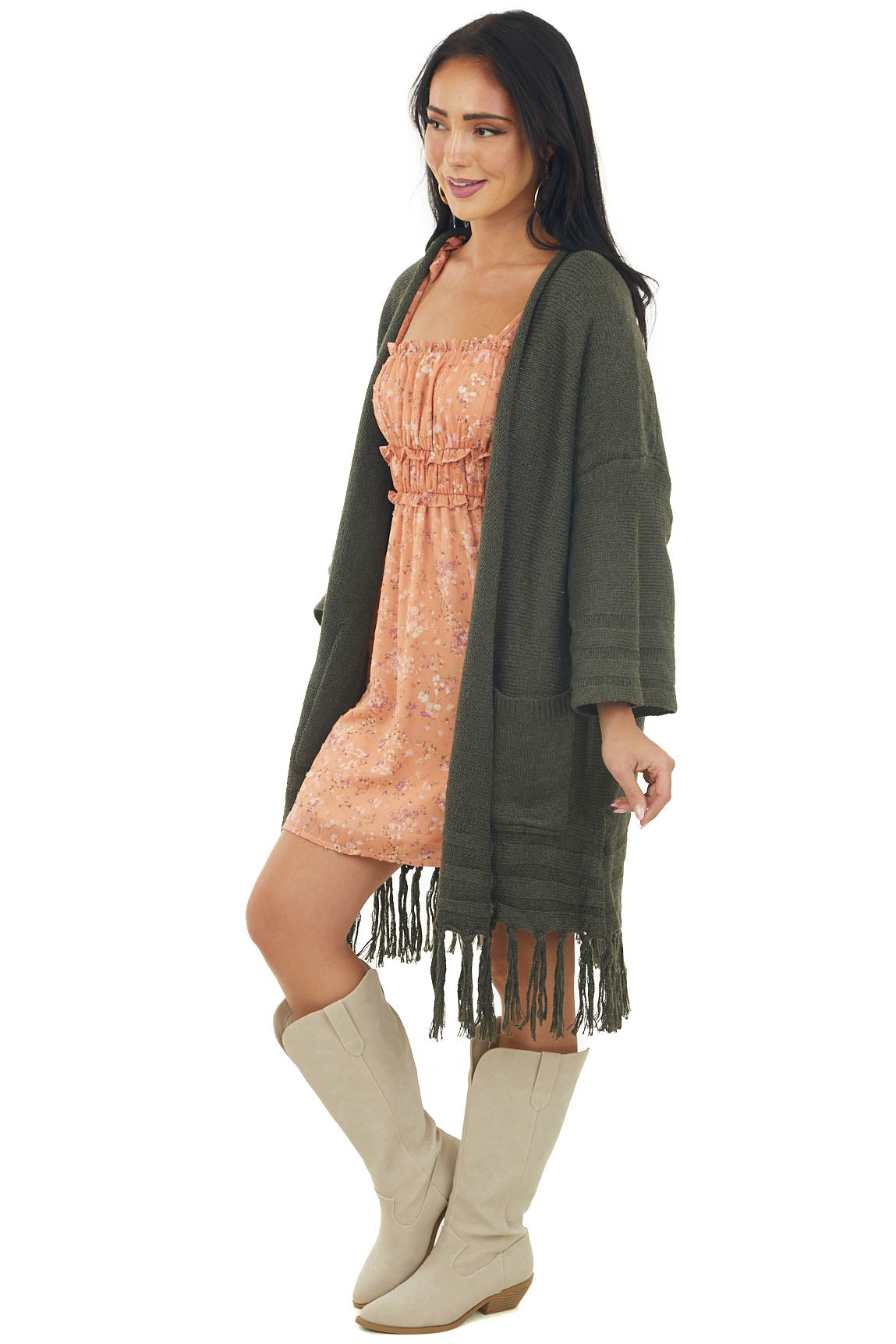 Dark Olive Heavy Knit Fringe Hem Cardigan