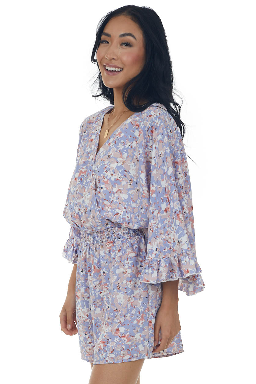 Dark Periwinkle Floral Print Surplice Romper