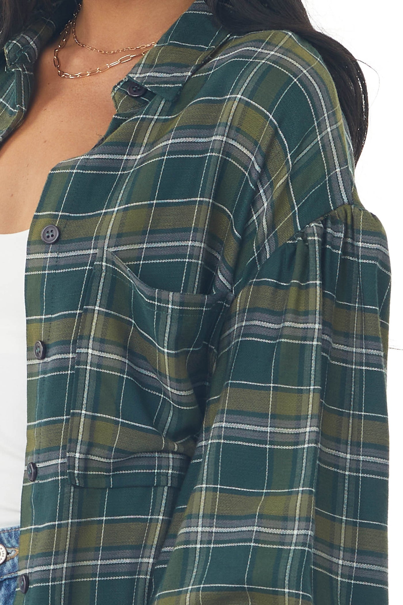 Dark Pine Plaid Button Up Long Sleeve Top