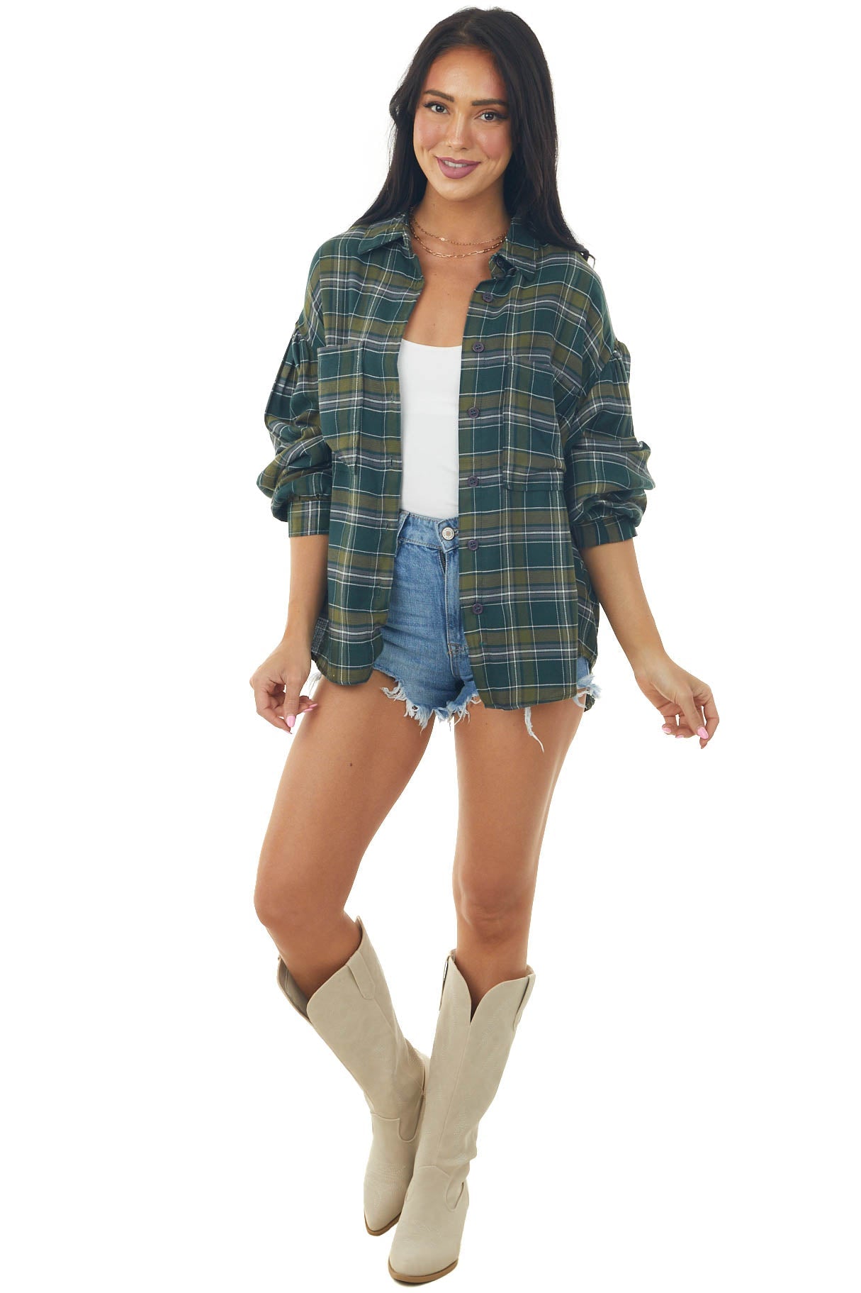 Dark Pine Plaid Button Up Long Sleeve Top