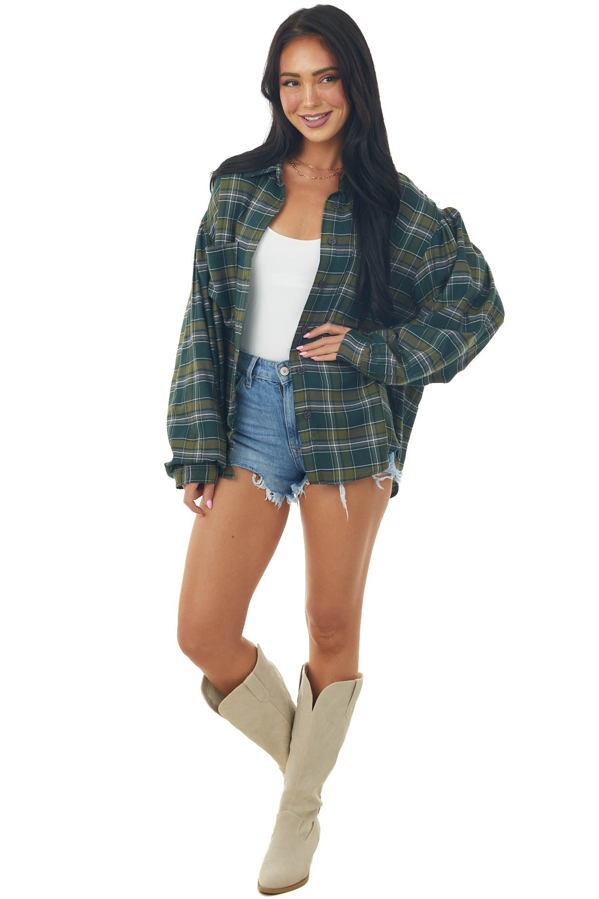 Dark Pine Plaid Button Up Long Sleeve Top