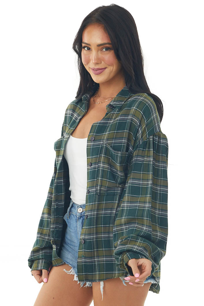 Dark Pine Plaid Button Up Long Sleeve Top