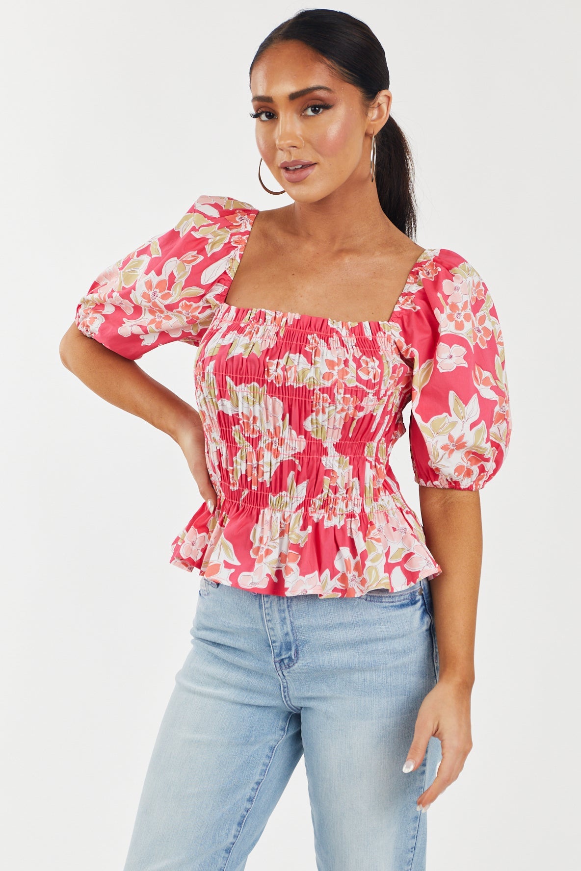 Dark Punch Floral Print Smocked Woven Blouse