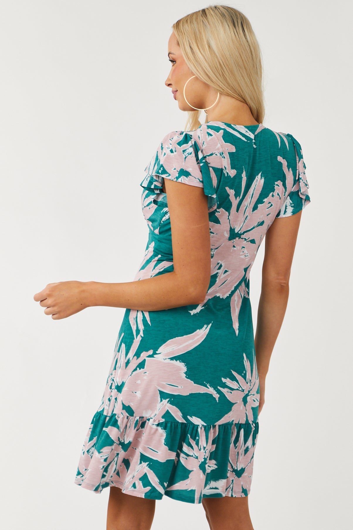 Dark Teal Floral Print V Neck Knit Short Dress