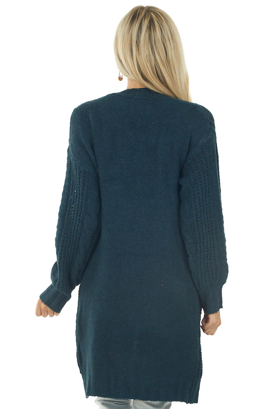 Dark Teal Open Front Twisted Knit Cardigan